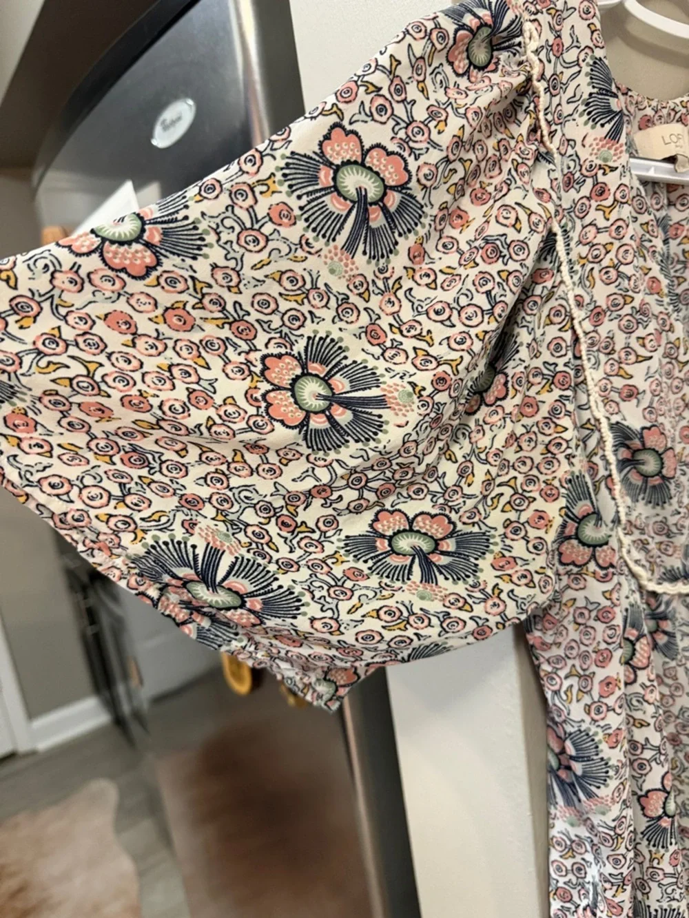LOFT Floral Bib Front Puff Sleeve Blouse S